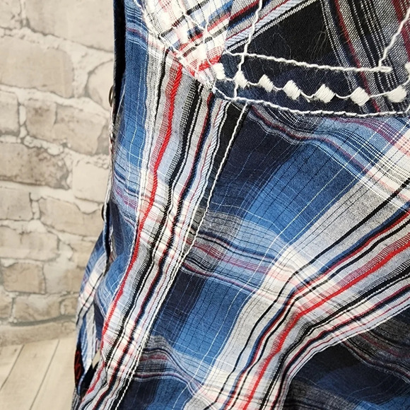 Panhandle Slim Plaid Pearl Snap Shirt Embroidered Blue Red Size Medium - Picture 6 of 16